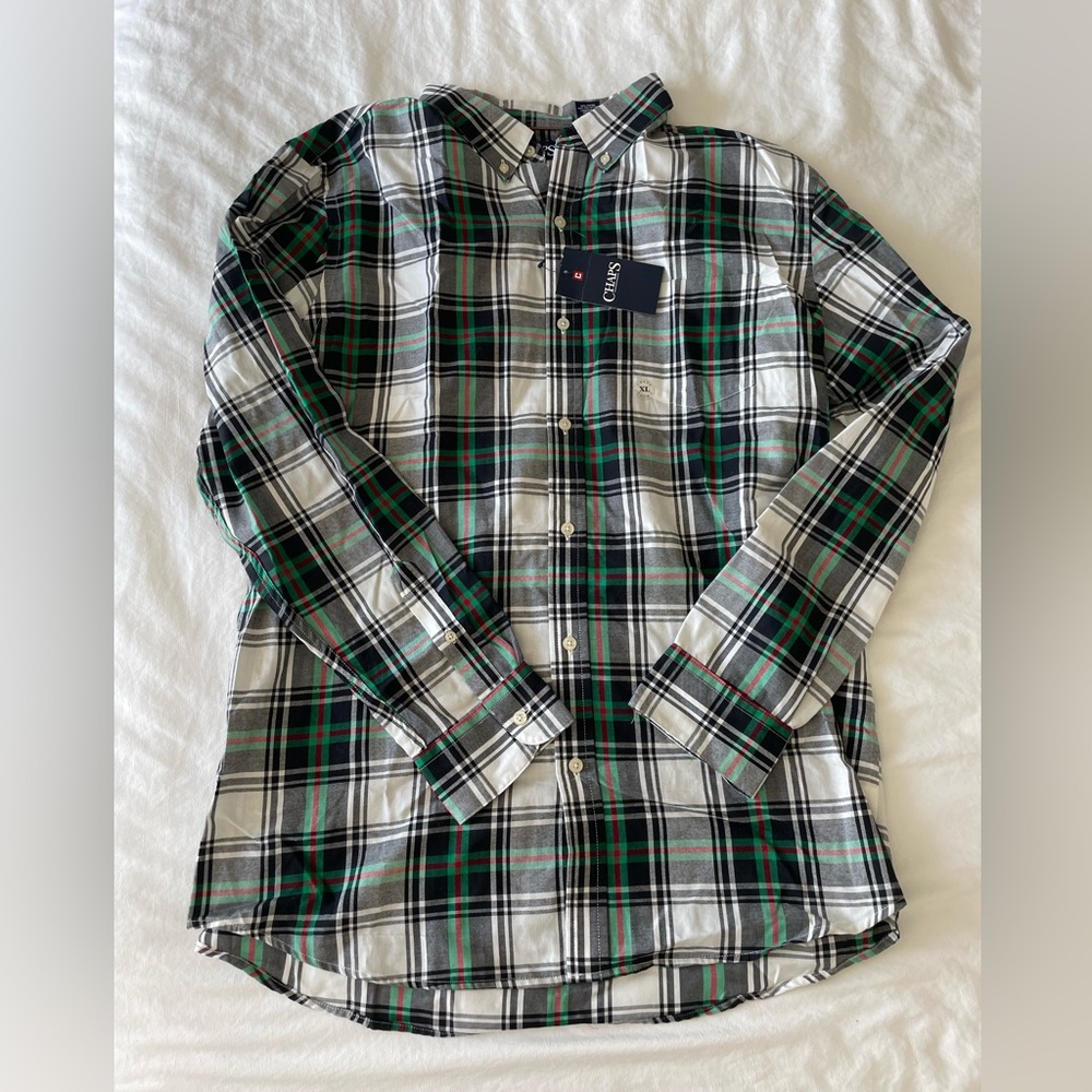 Chaps Men’s XL Button Up Shirt, Black, Green, Red, White. New With Tags.